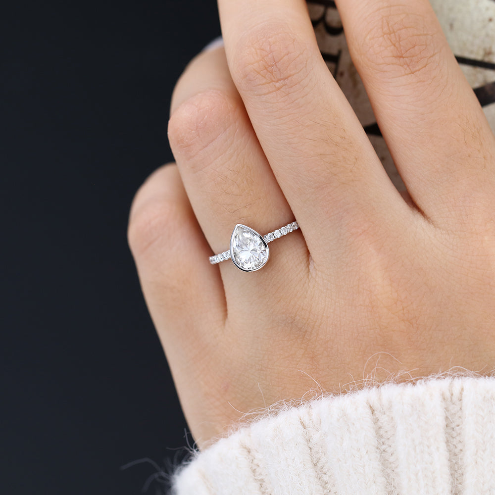 1 CT Pear Pave & Bezel Moissanite Engagement Ring