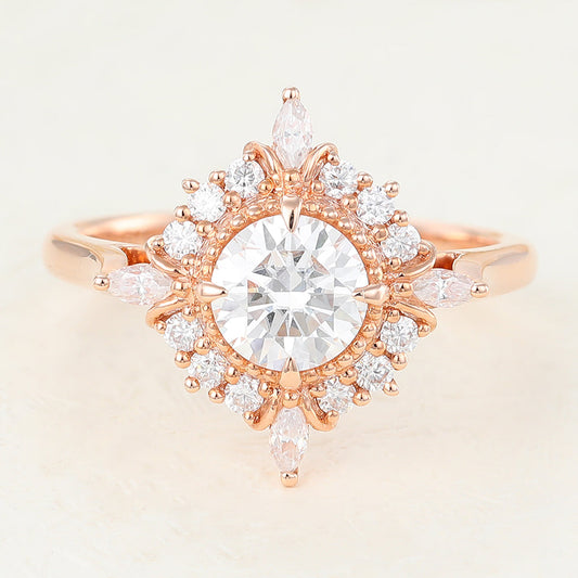 0.68 CT Round Vintage Cluster Moissanite Engagement Ring