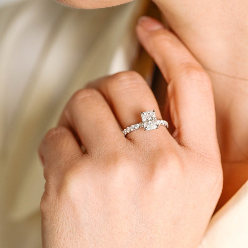 Stunning 1.5 - 2.5 CT Radiant Moissanite Engagement Ring with Pave & Hidden Halo Design 6
