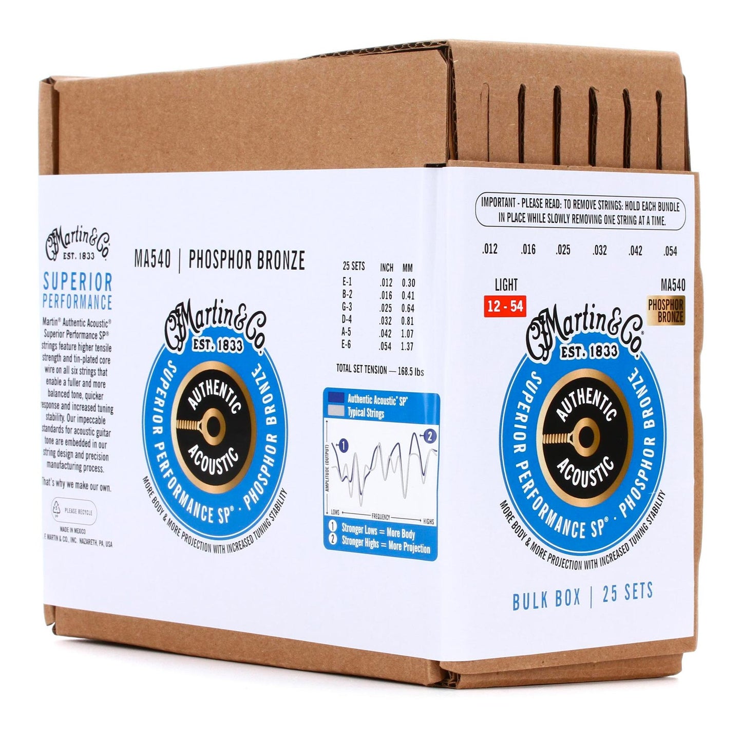 Martin MA540 Authentic Acoustic Superior Performance Guitar Strings 92/8 Phosphor Bronze Bulk Box 25-Pack 12-54