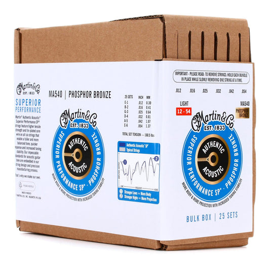 Martin MA540 Authentic Acoustic Superior Performance Guitar Strings 92/8 Phosphor Bronze Bulk Box 25-Pack 12-54
