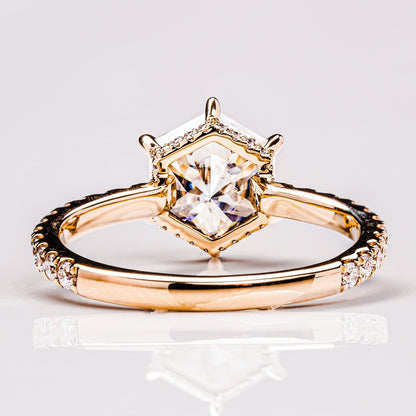 1.3 CT Hexagon Hidden Halo & Pave Moissanite Engagement Ring
