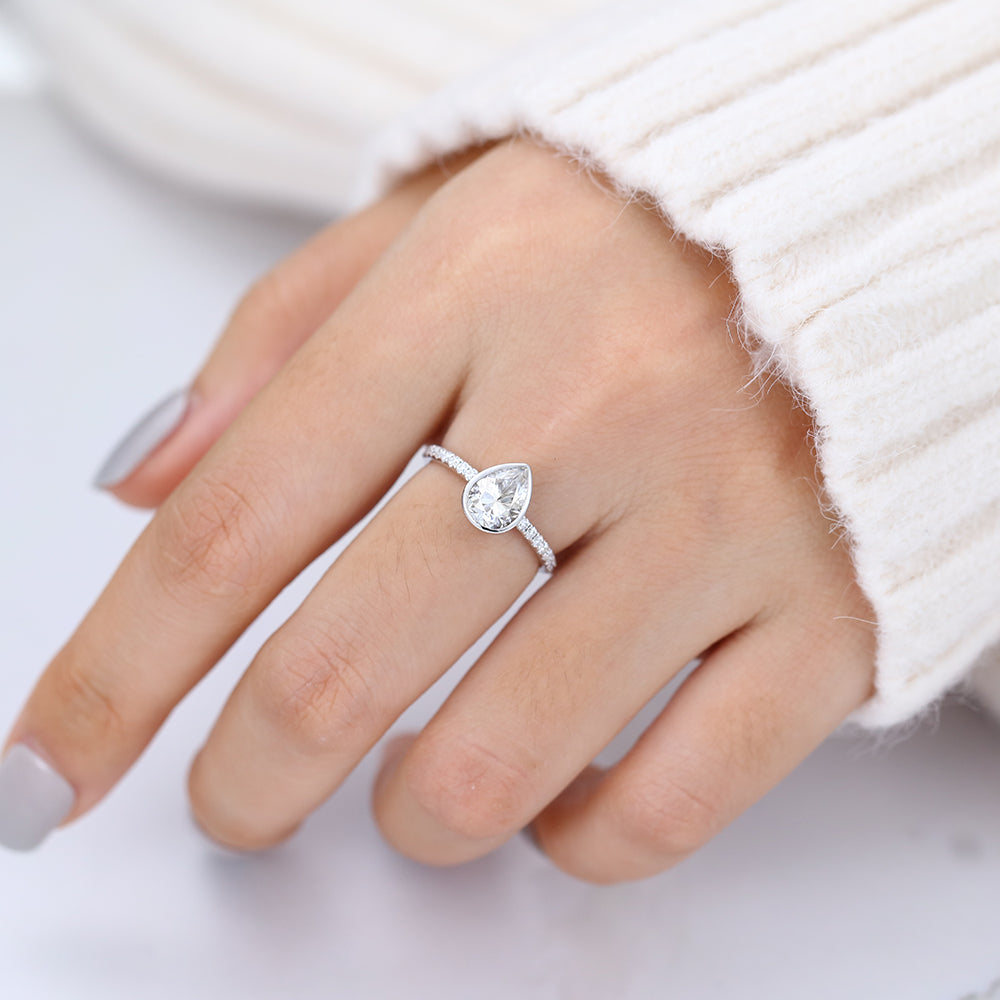 1 CT Pear Pave & Bezel Moissanite Engagement Ring