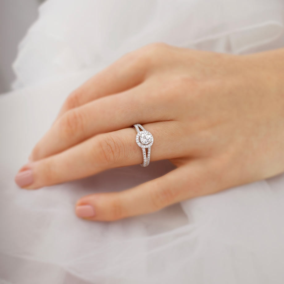 1 CT Round Halo, Pave Split Shank Lab Grown Diamond Engagement Ring