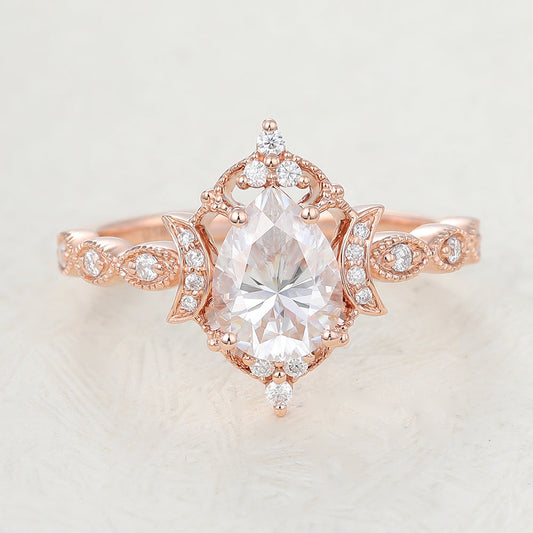 0.9 CT Pear Vintage Cluster & Pave Moissanite Engagement Ring